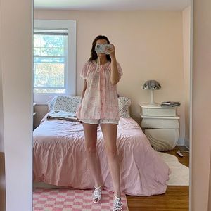 Vintage 60s Light Pink Floral Nylon Babydoll Blouse